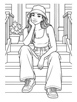 Free printable Fashionable Girl On City Steps coloring page