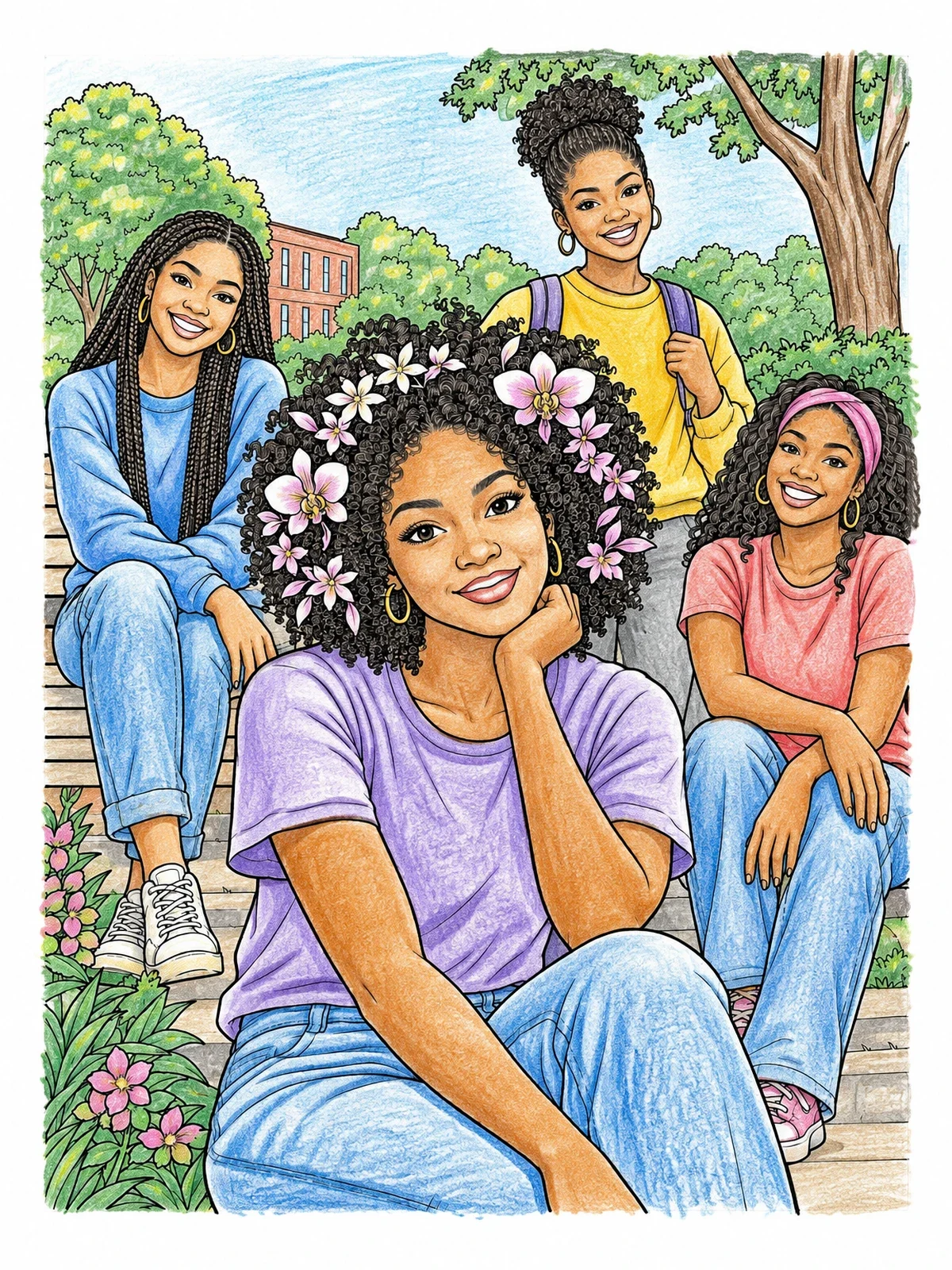 Colored example of the Friends With Beautiful Natural Hairstyles Outdoors coloring page