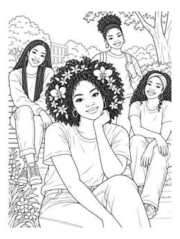 Free printable Friends With Beautiful Natural Hairstyles Outdoors coloring page