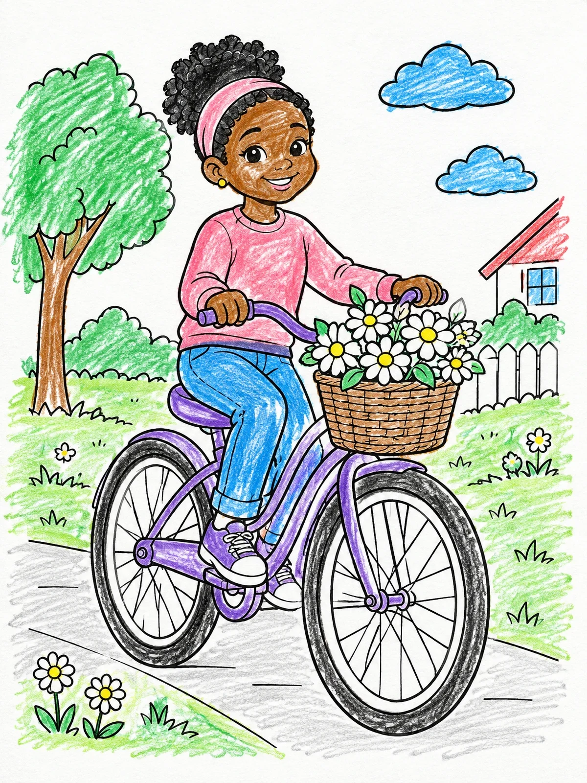 Colored example of the Cheerful Girl Riding A Flower Bicycle coloring page
