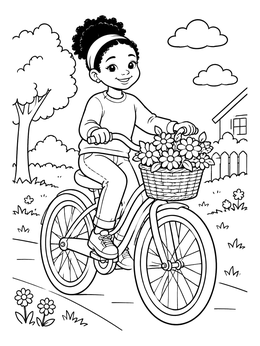 Free printable Cheerful Girl Riding A Flower Bicycle coloring page