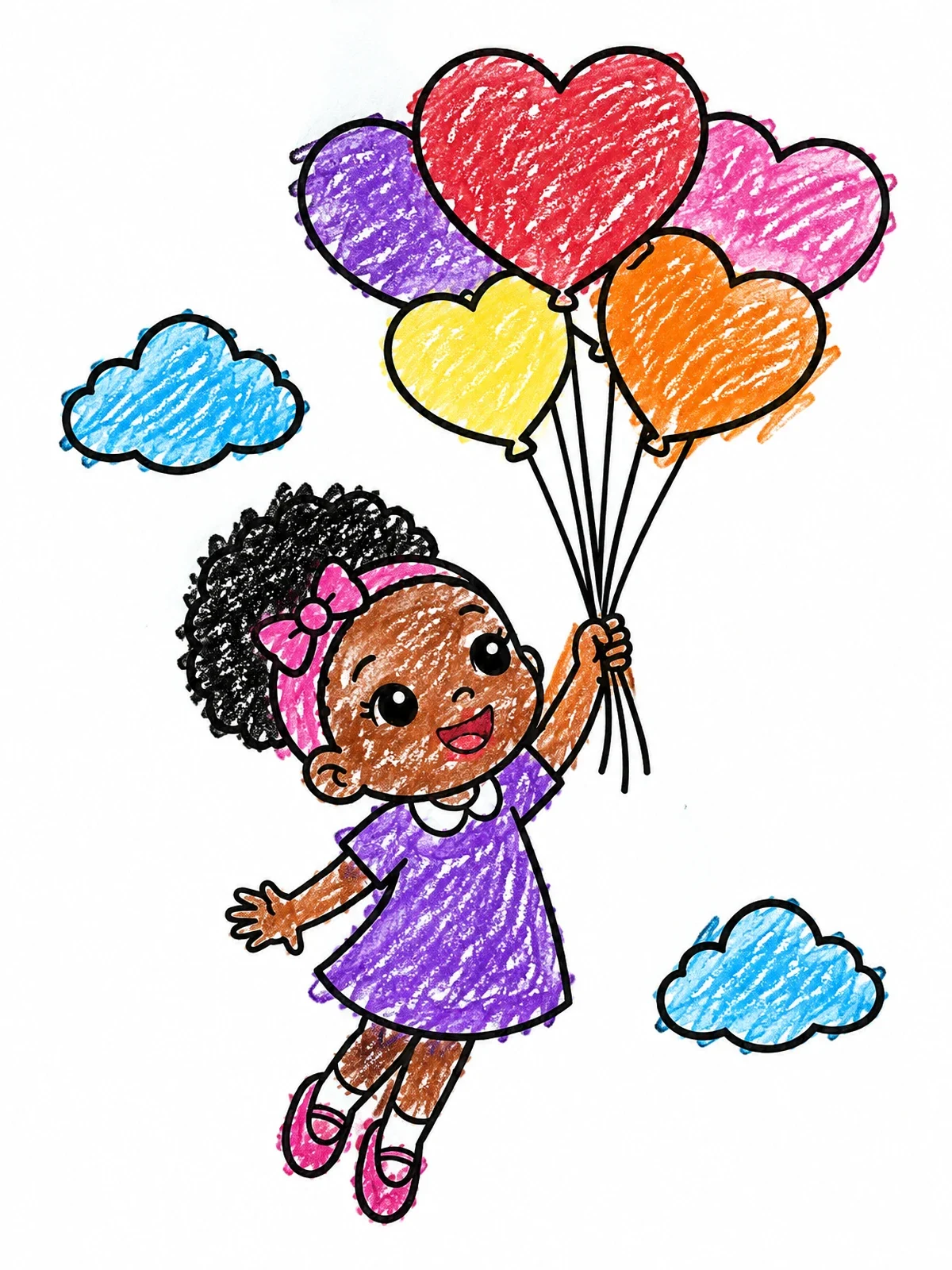 Colored example of the Little Girl Floating With Heart Balloons coloring page