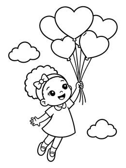 Free printable Little Girl Floating With Heart Balloons coloring page