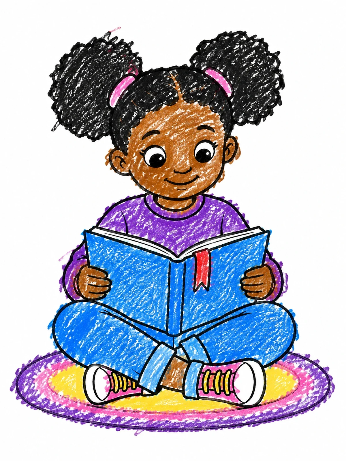 Colored example of the Little Girl Reading On A Rug coloring page