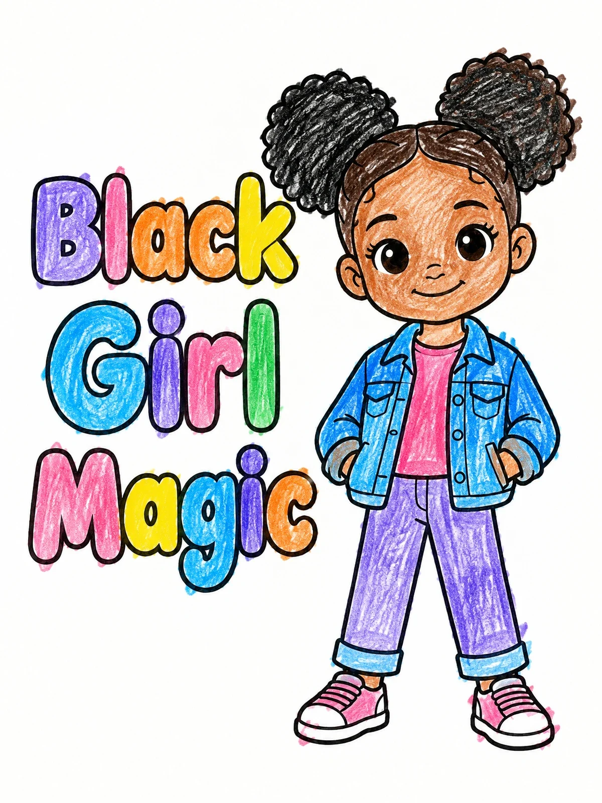 Colored example of the Black Girl Magic With Afro Puffs coloring page