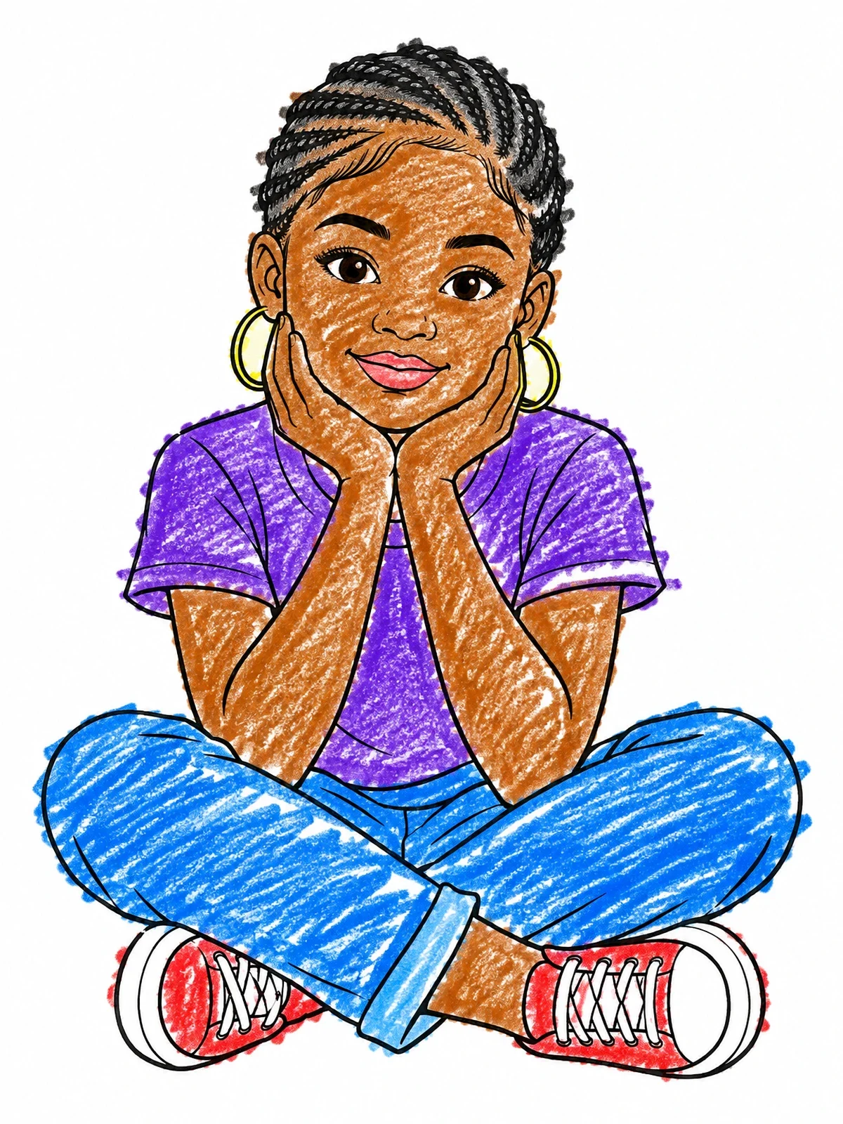 Colored example of the Smiling Girl With Braided Hair Sitting coloring page