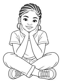 Free printable Smiling Girl With Braided Hair Sitting coloring page
