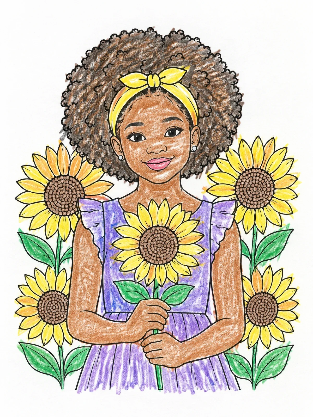 Colored example of the Smiling Girl With Sunflowers coloring page