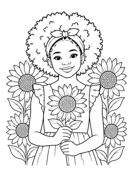 Free printable Smiling Girl With Sunflowers coloring page