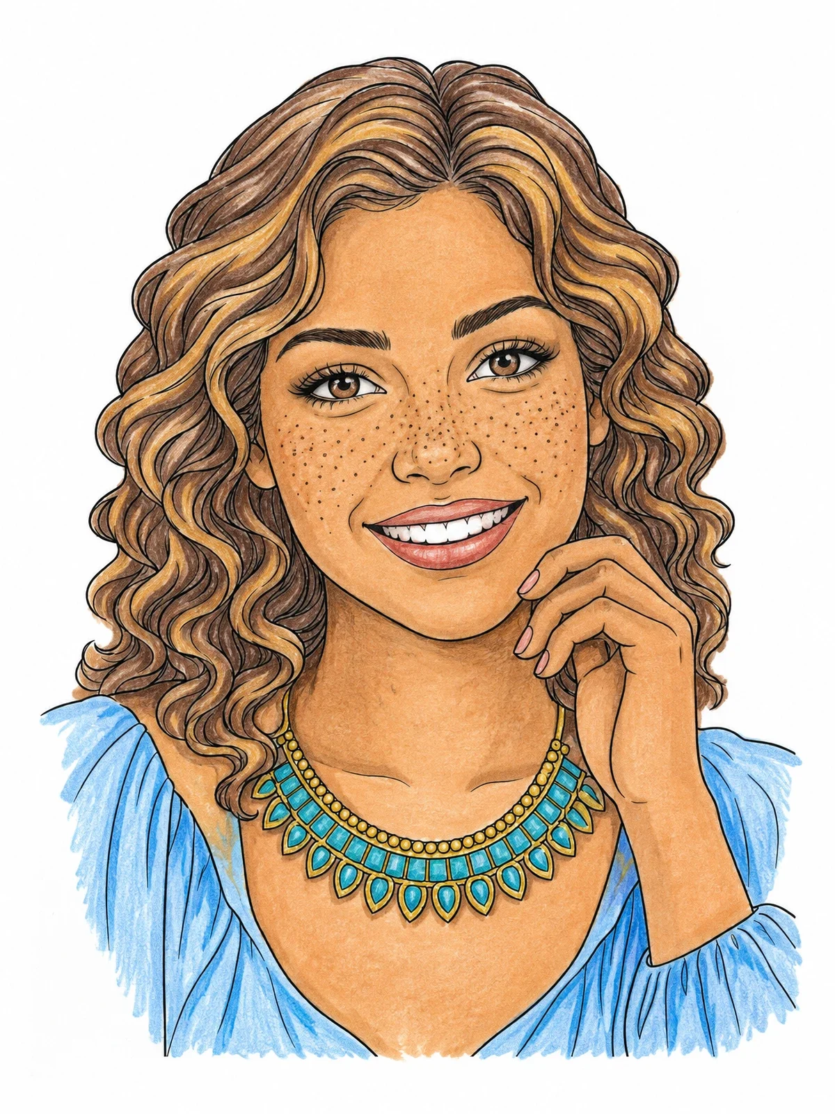 Colored example of the Smiling Woman With Freckles And Curls coloring page