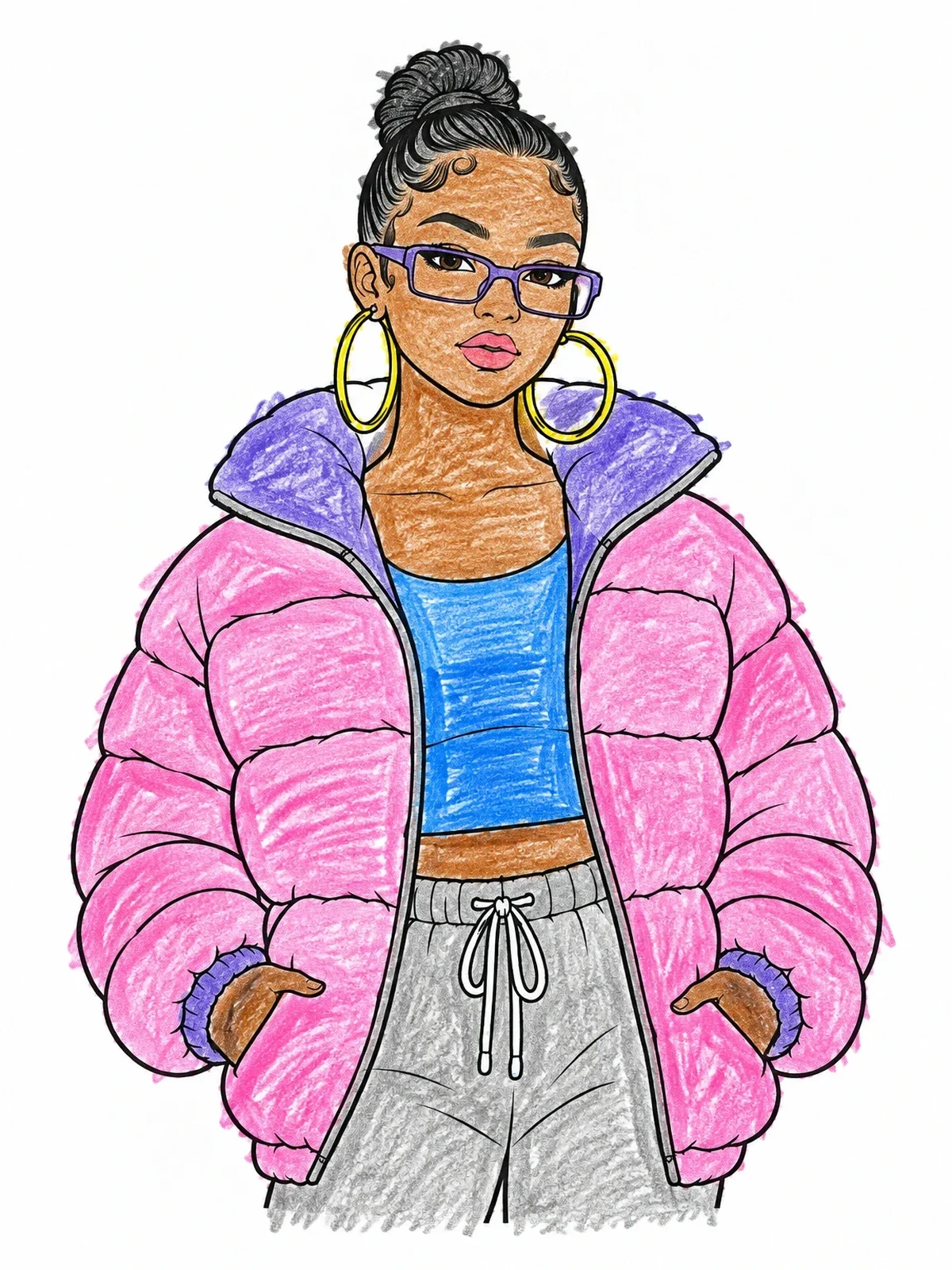Colored example of the Stylish Girl In Puffer Jacket coloring page