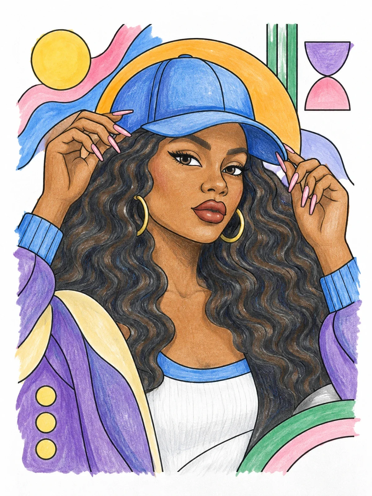 Colored example of the Stylish Woman Adjusting Baseball Cap coloring page