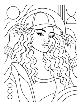 Free printable Stylish Woman Adjusting Baseball Cap coloring page