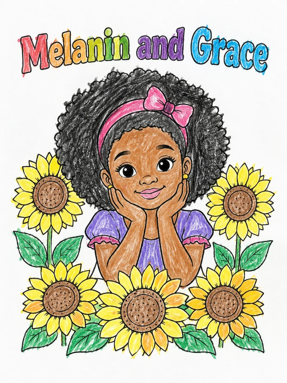 Colored example of the Sweet Girl In Sunflower Garden coloring page