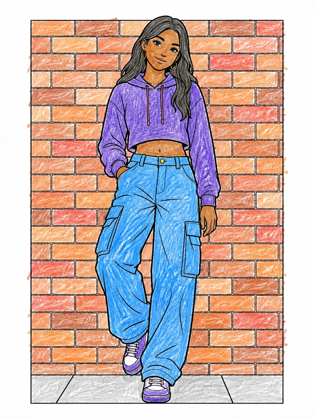 Colored example of the Trendy Girl By Brick Wall coloring page
