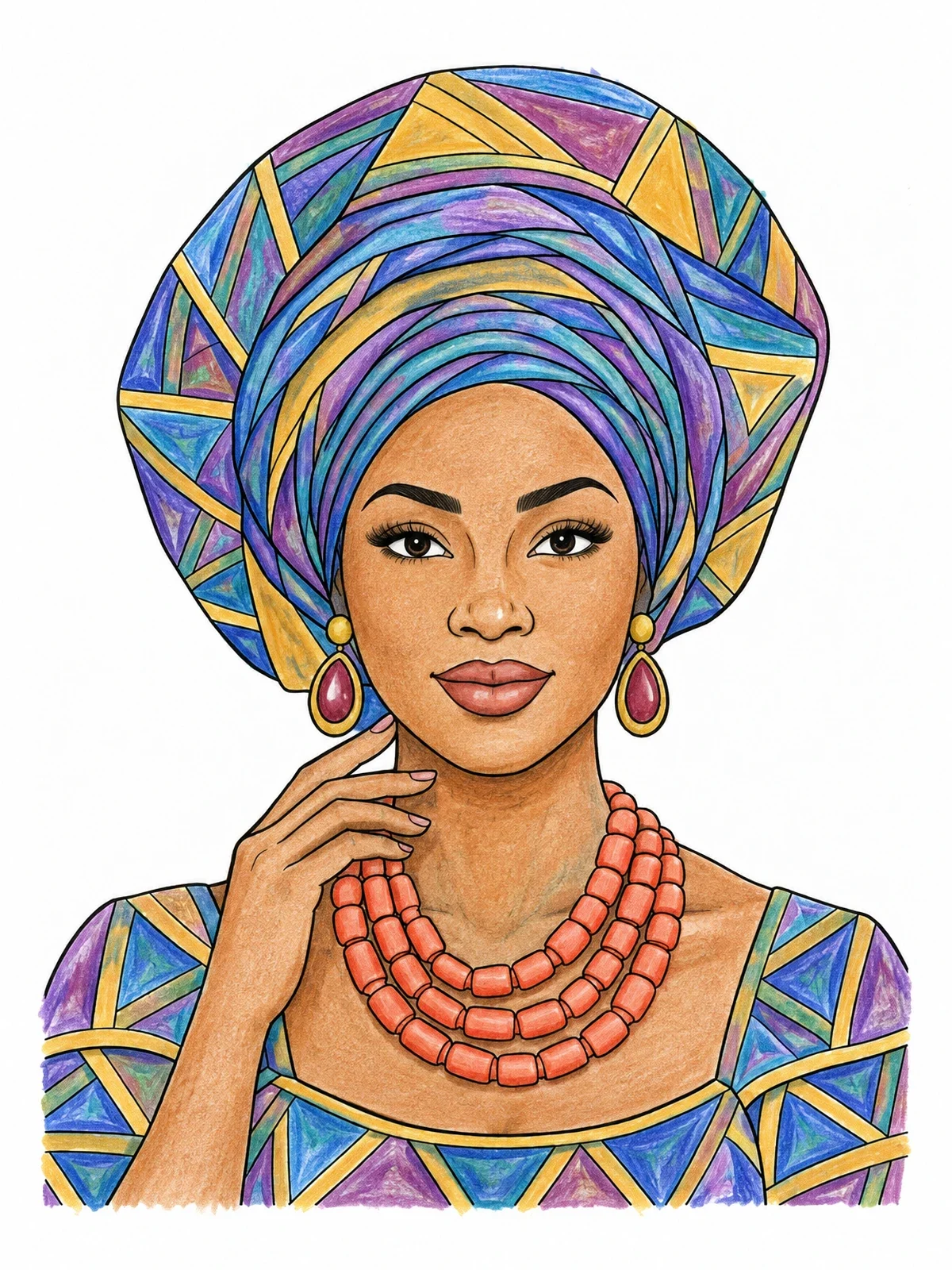 Colored example of the Elegant Woman In Traditional Gele coloring page