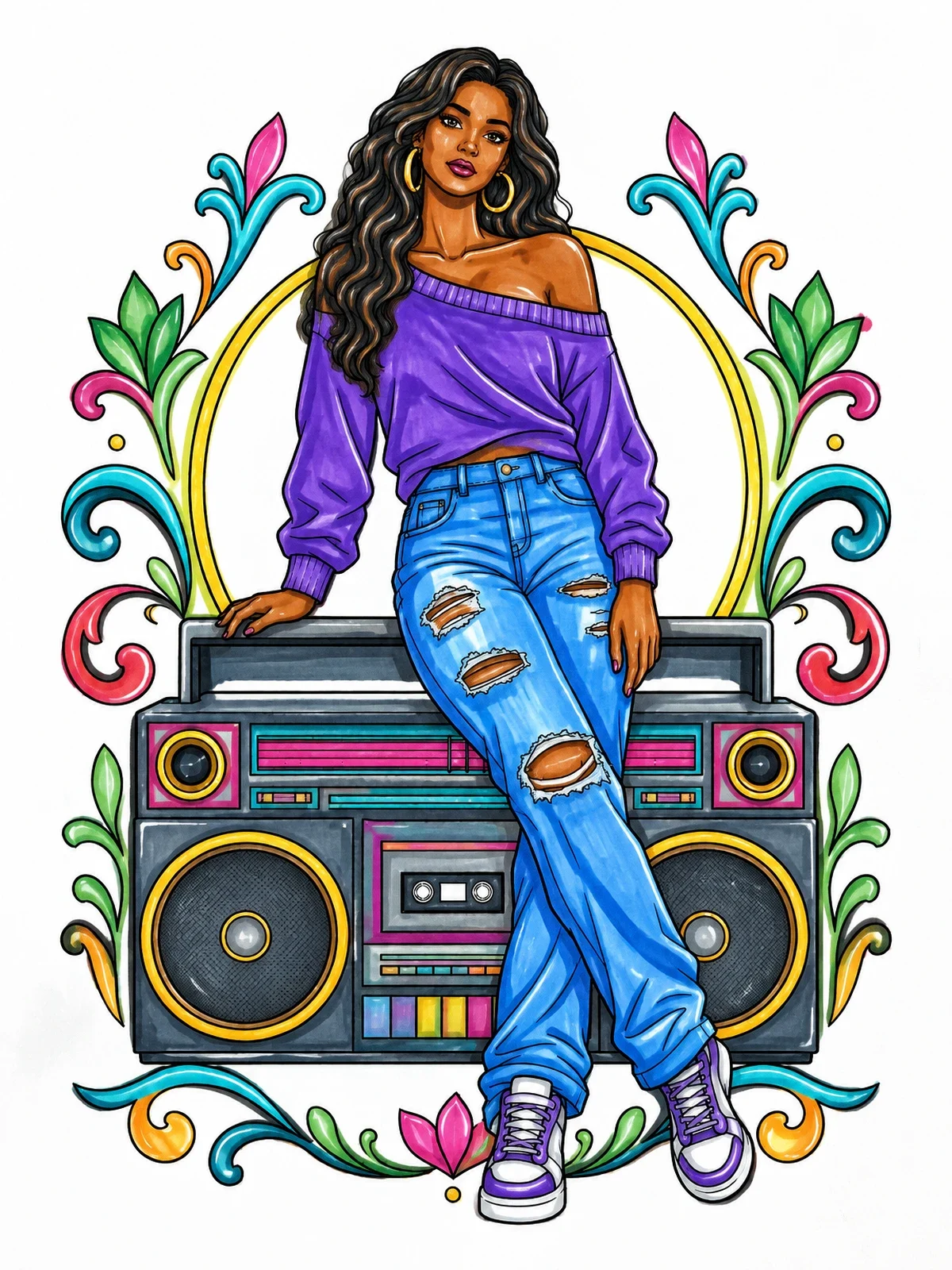 Colored example of the Woman Leaning On Vintage Boombox coloring page