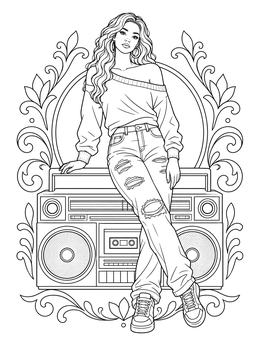 Free printable Woman Leaning On Vintage Boombox coloring page