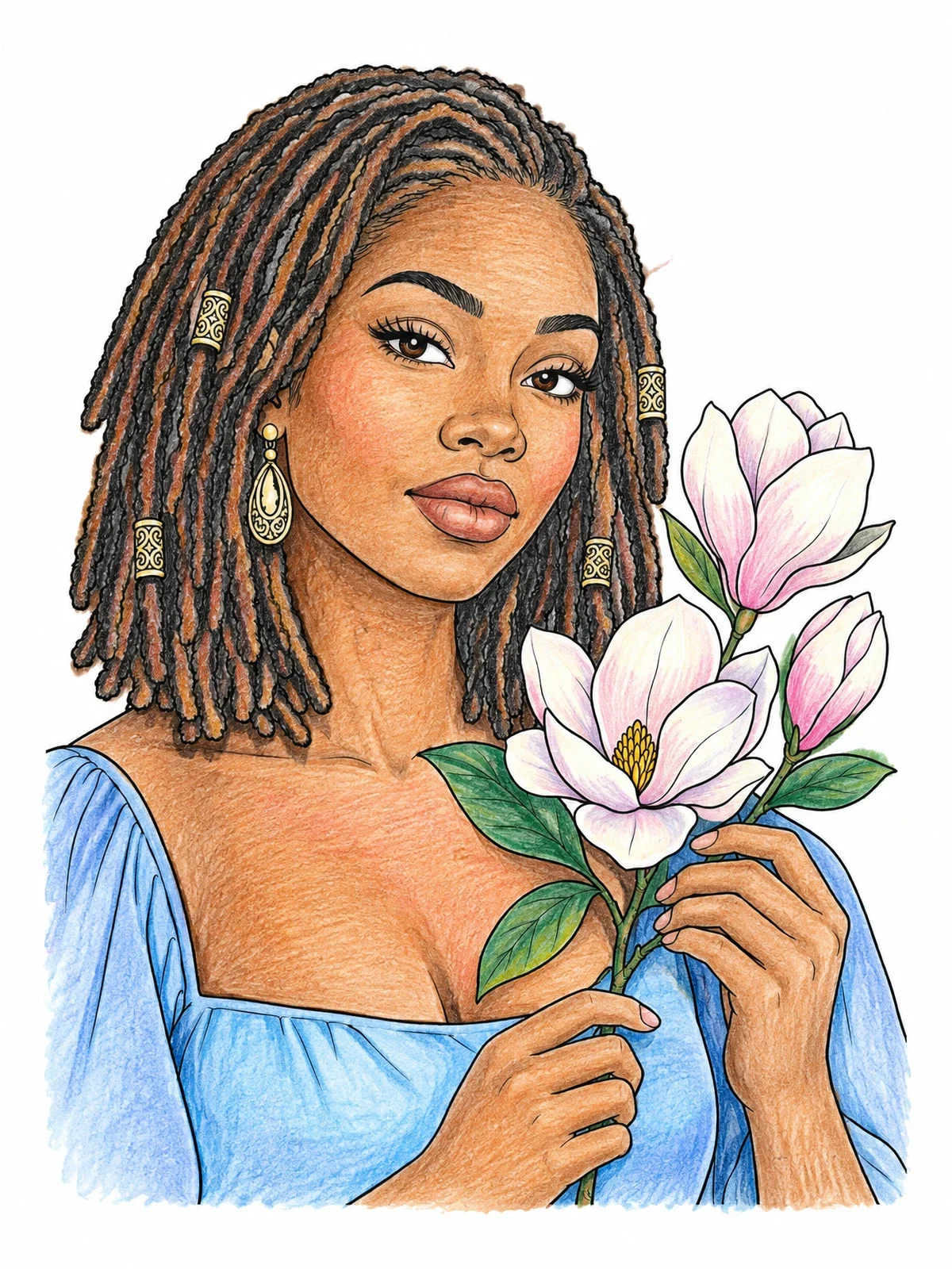 Colored example of the Woman With Locs And Magnolia Blooms coloring page