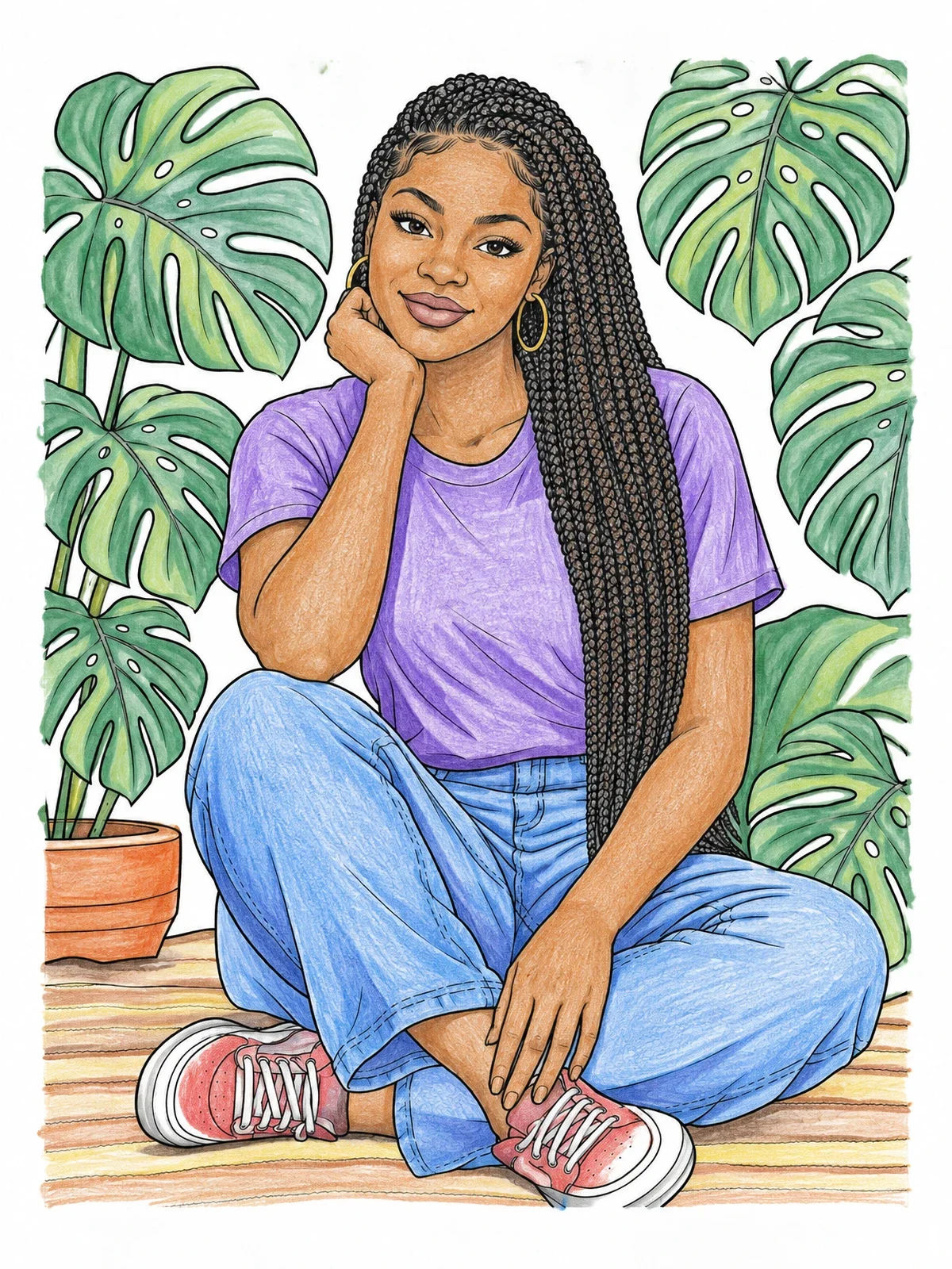 Colored example of the Braided Hair And Monstera Leaves coloring page