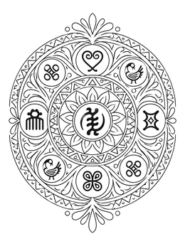 An intricate black history month coloring page displaying traditional West African Adinkra symbols in a mandala.