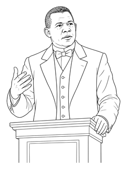A black history month coloring page depicting educator Booker T. Washington delivering a speech at a podium.