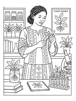 A scientist studies a leafy sprig in this black history month coloring page set in a biology lab.