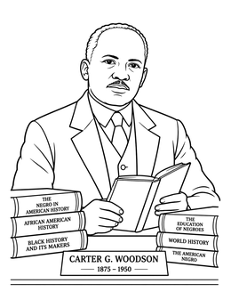 A black history month coloring page featuring scholar Carter G. Woodson reading among stacks of books.