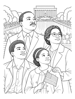 A black history month coloring page showing civil rights leaders and family at the Lincoln Memorial.