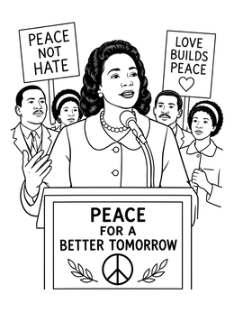 Inspiring black history month coloring page showing Coretta Scott King speaking at a podium.