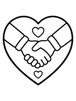 A black history month coloring page showing two hands clasped in friendship inside a heart outline.