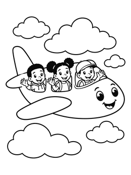 Kids waving from a smiling plane in this black history month coloring page.