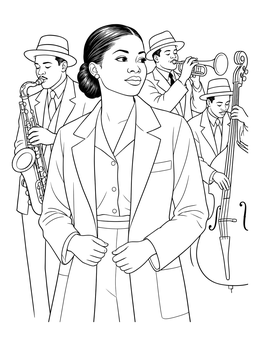A stylish jazz singer and band in this black history month coloring page.