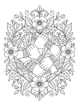A black history month coloring page displaying interlocked wrists framed by blossoms and leafy vines.