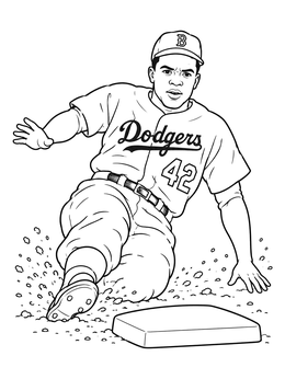 A black history month coloring page depicting baseball legend Jackie Robinson sliding into home base.