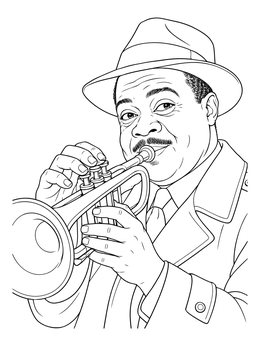 A black history month coloring page of a classic jazz trumpet player.