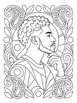 A man in profile framed by ornamental swirls in this black history month coloring page.