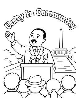 A black history month coloring page showing Dr. King speaking before a crowd in Washington.