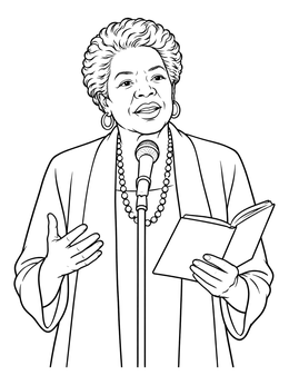 Maya Angelou reciting poetry at a microphone in a black history month coloring page.