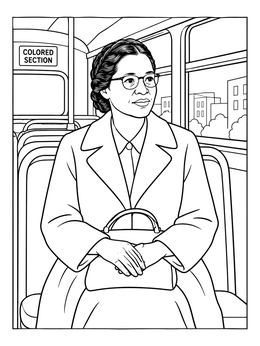 Rosa Parks sits calmly on a city bus in this black history month coloring page.