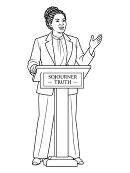 A black history month coloring page featuring Sojourner Truth speaking at a podium.