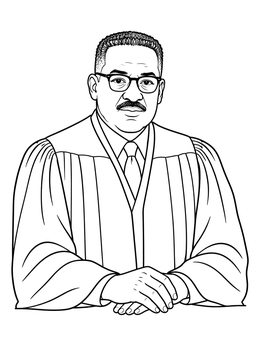 A black history month coloring page featuring Justice Thurgood Marshall in official judicial robes.