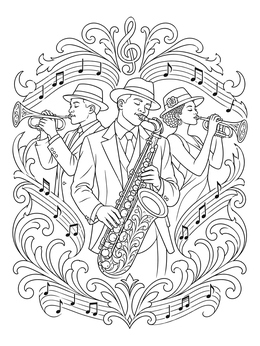 A vintage jazz band plays brass instruments on this black history month coloring page.