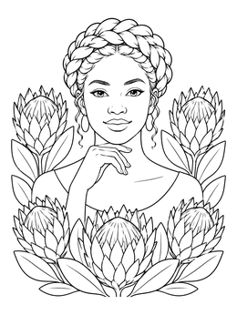 A serene woman with a braided crown and protea flowers on this black history month coloring page.