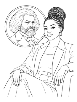 A woman sits before a framed portrait on this Black History Month coloring page.