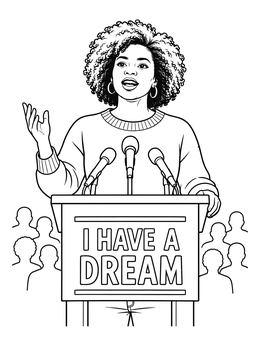 Inspiring black history month coloring page showing a woman speaking at an I Have A Dream podium.