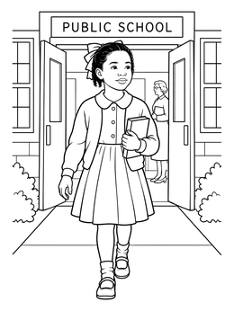 A young girl carrying a book outside a school building in this black history month coloring page.