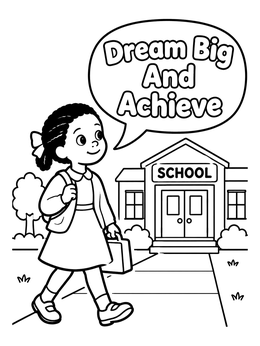 A smiling young girl walking to school on a black history month coloring page.