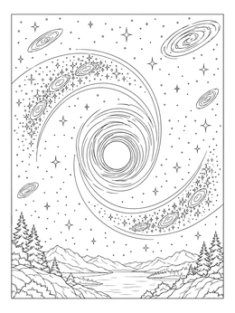 Free printable Cosmic Vortex Over Mountain Landscape coloring page