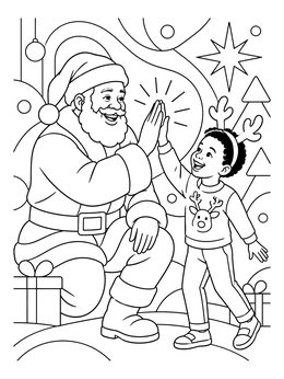 A black santa coloring page showing Santa high-fiving a happy boy wearing reindeer antlers.